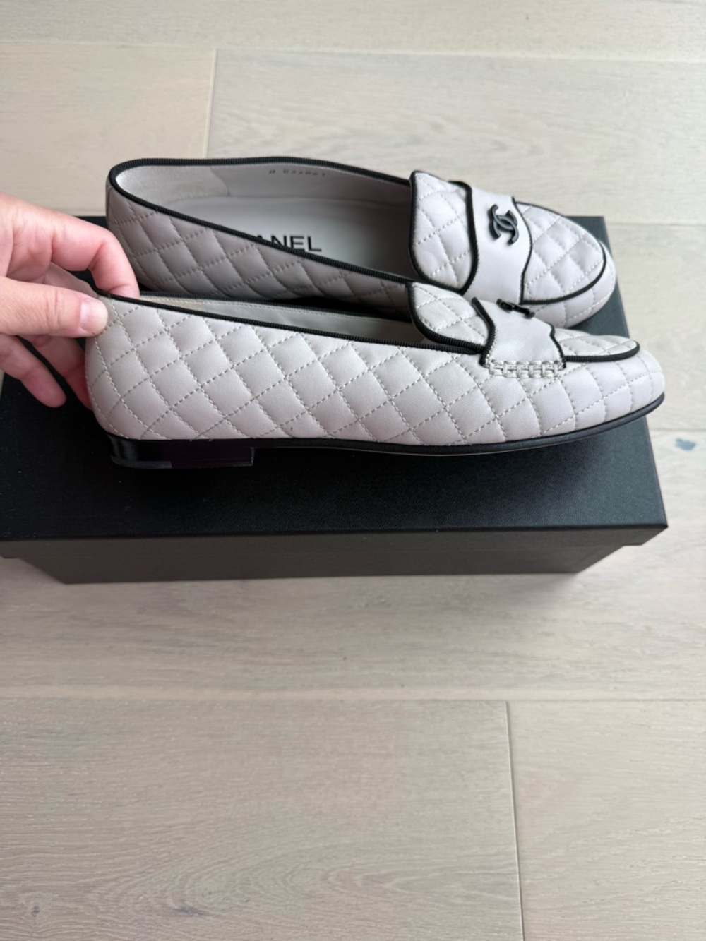 CHANEL Quilted light grey Leather Loafers with Black Trim EUR37/US6.5 - Picture 3 of 7